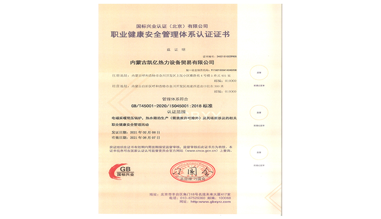 職業(yè)健康安全管理體系認證證書